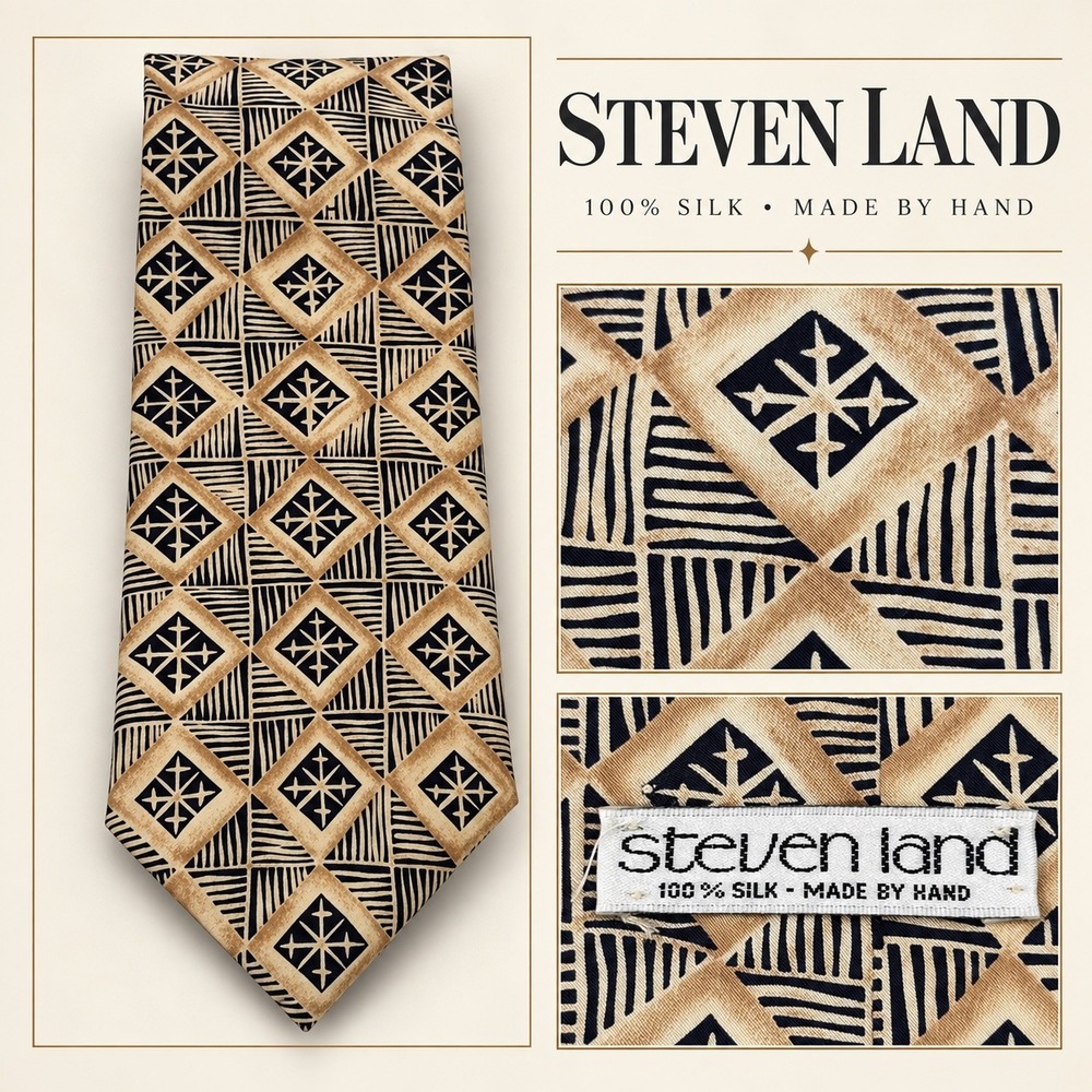 Steven Land Mens Silk Tie Black Tan Geometric Diamond Star Pattern Hand Made